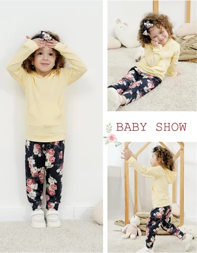 Vista 3 de Ropa de bebé niña de manga larga con capucha sudadera con pantalones florales con diadema conjuntos de ropa