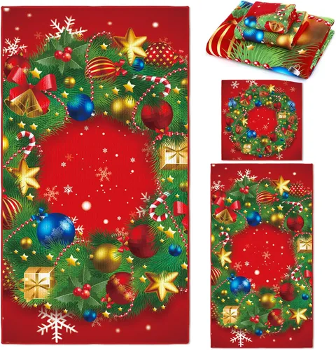 Vista 10 de Preboun Juego de 3 toallas de baño navideñas de gnomo, toallas de mano con árbol de Navidad, toallas de baño con copos de nieve de invierno, toallas