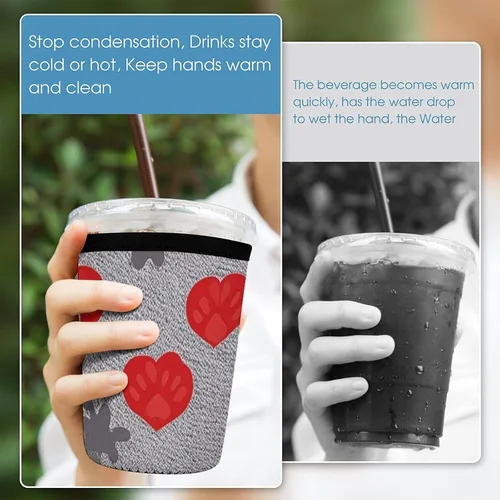 Vista 5 de Bluebird And Flowers Dog Claw Love Reusable Insulated Neoprene Iced Coffee Cup Sleeves 3 Sizes Diving Material Cup Durable Beverage Covers for Cold