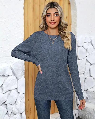 Vista 4 de Ficerd Paquete de 2 sudaderas casuales para mujer, camisas de algodón de manga larga, ajuste holgado, ligeras, cuello redondo, básicas, lindas