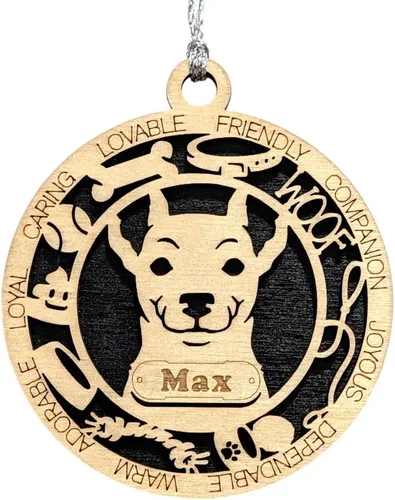 Vista 55 de Adorno de Navidad personalizado para perro Cavalier King Charles Spaniel, redondo de 3 pulgadas, madera cortada con láser de 2 capas, nombre y texto
