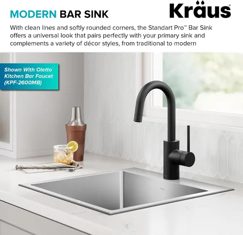 Vista 5 de Kraus Standart PRO - Fregadero de cocina de acero inoxidable de calibre 16 con tazón individual para bar, montaje superior/inferior de 18 pulgadas