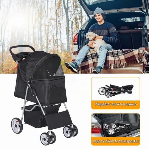 Vista 5 de Cochecito plegable para perros de 4 ruedas para gatos pequeños y medianos, cachorros, portátil, para viajes, campamento, con cesta de Negro