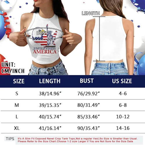 Vista 6 de Camiseta corta con bandera estadounidense para mujer, patriótica de Estados Unidos, para el 4 de julio, sexy, expuesta, suave, para verano, sin