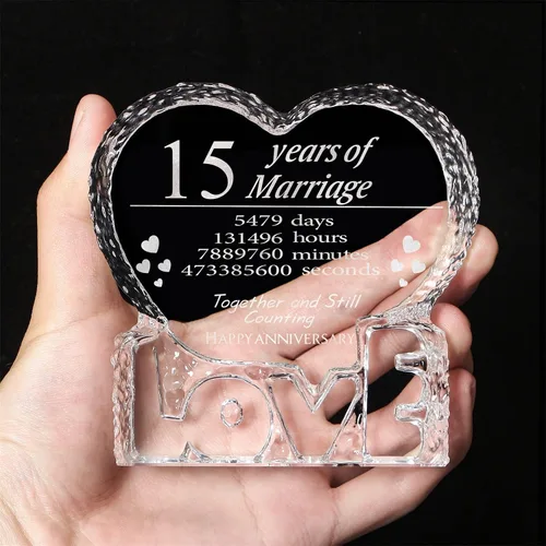 Vista 4 de KWOOD Cristal grabado personalizado en forma de corazón, regalo de boda de 15 aniversario para parejas, esposa, novia, marido, novio (15 aniversario)