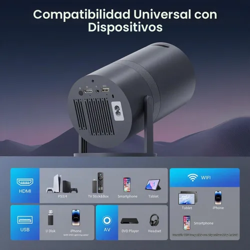 Vista 9 de Miniproyector portátil con WiFi y Bluetooth, soporte para proyector de películas 1080P HD, corrección trapezoidal automática, giratorio 180°, Grey