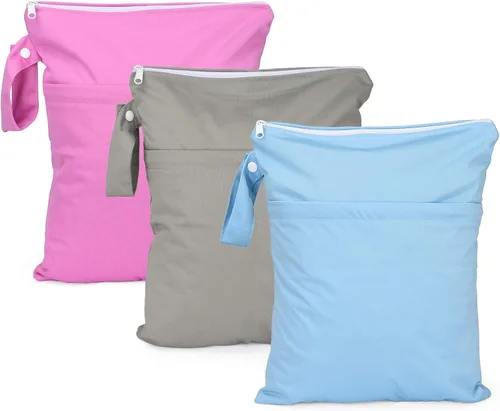 Vista 18 de 2 bolsas de tela para pañales húmedos y secos, impermeables, reutilizables, con dos bolsillos con cremallera, para viajes, playa, piscina Negro