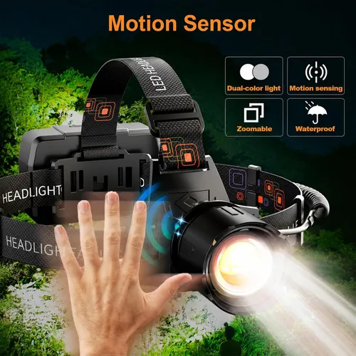 Vista 2 de SKYFIRE Linterna frontal recargable de 3000 lúmenes, faros LED más brillantes para adultos con batería de 7500 mAh, sensor de movimiento impermeable