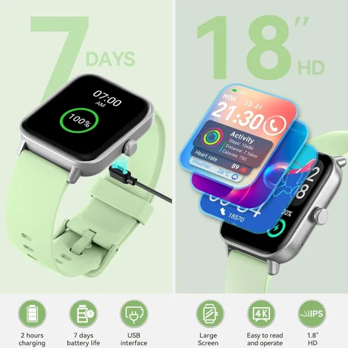 Vista 6 de aeac Relojes inteligentes para mujeres y hombres, Android y iPhone, Alexa integrado, reloj inteligente con pantalla táctil de 1.8 pulgadas con Verde