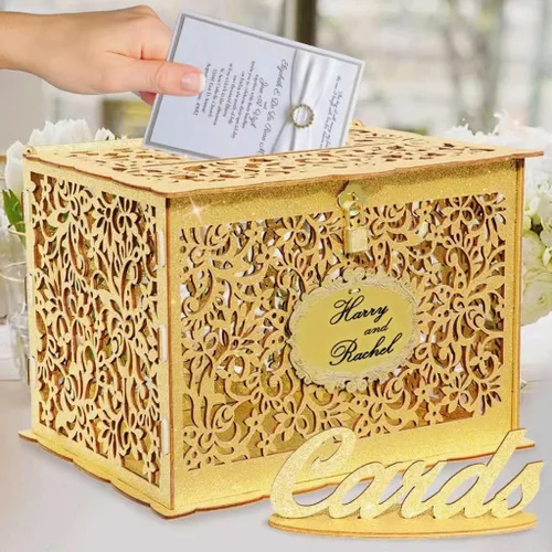 Vista 9 de Caja de tarjetas de boda marrón OurWarm con ventana de acrílico, caja de tarjetas de regalo de madera para decoraciones de recepción de boda, caja