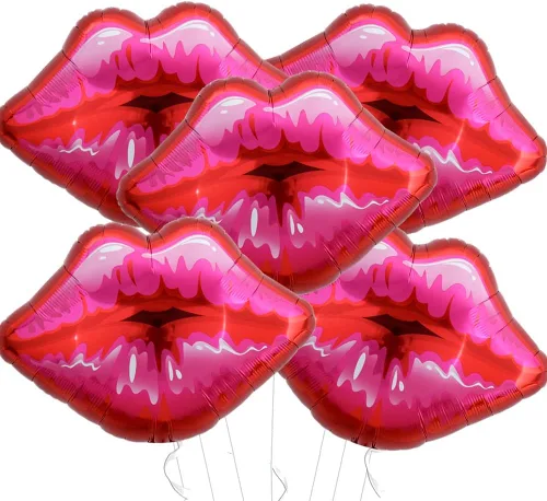 Vista 7 de Paquete de 10 globos grandes de labios rojos y rosados, globos de corazón para decoración de fiestas temáticas de maquillaje, aniversario, Kiss the