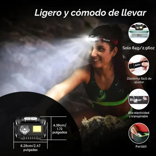 Vista 8 de Blukar Linterna frontal LED recargable, 2000L de alto lumen súper brillante regulable linterna con sensor de movimiento, 8 modos, foco e reflector