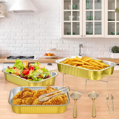 Vista 4 de Maxcheck 4 Juegos de Bandejas Calentadoras Desechables para Buffet, Juego de Chafing Dishes con Soportes de Alambre para Buffet, Kit de Soporte