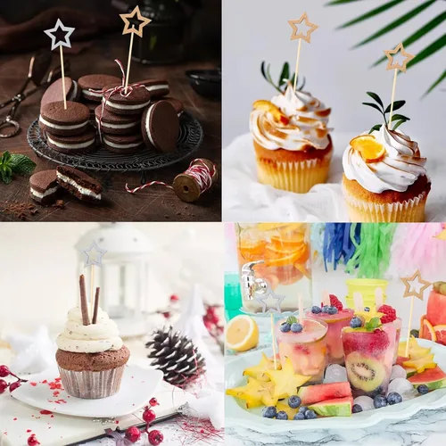 Vista 5 de Honbay 100 piezas de palillos de cóctel de bambú de frutas, comida para hamburguesas, palillos de dientes para cupcakes, sándwich, aperitivo