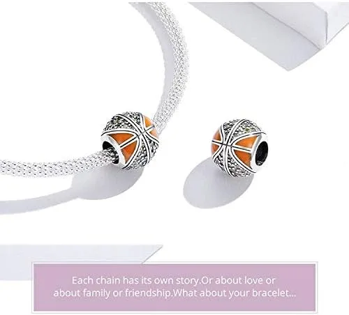Vista 4 de Abalorio de cuentas de voleibol de plata de ley 925 con cuentas deportivas, pulsera original (personaje de baloncesto naranja)