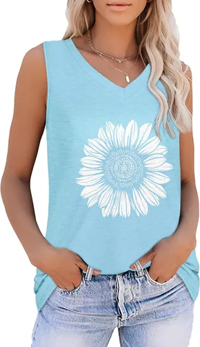 Vista 15 de Camisetas de verano para mujer, sin mangas, con cuello en V, ajuste holgado, casual, blusa tipo túnica Ab Cadetblue