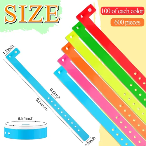 Vista 2 de 600 pulseras de plástico para eventos, vinilo, colores surtidos Adjustable Snap, Bulk Waterproof Neon Colored Arm Bands, For Admission Pools