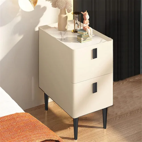 Vista 16 de Mesita de noche moderna de madera maciza con almacenamiento de 2 cajones, parte superior de mármol, práctica mesa auxiliar auxiliar para dormitorio