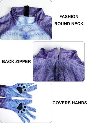 Vista 103 de Disfraz de animal para hombre con estampado de cola grande, overol peludo de elastano para cosplay, fiesta de Halloween