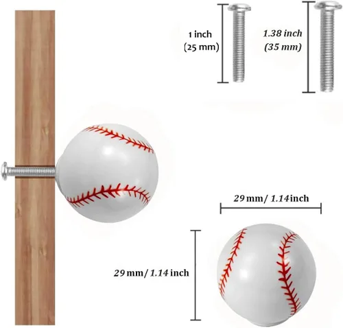 Vista 2 de Pomos de béisbol para aparador, [4 unidades] Perillas de cajón de decoración de béisbol, pomos deportivos de pelota para niños