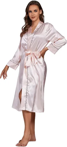 Vista 3 de LYANER Bata de baño de satén para mujer, kimono, dama de honor, novia, boda, fiesta, bata larga