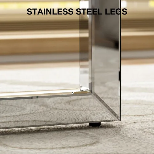 Vista 9 de IKIFLY Mesa de centro de cristal con tablas de vidrio de 2 niveles y patas de metal resistentes, mesa auxiliar rectangular de vidrio transparente