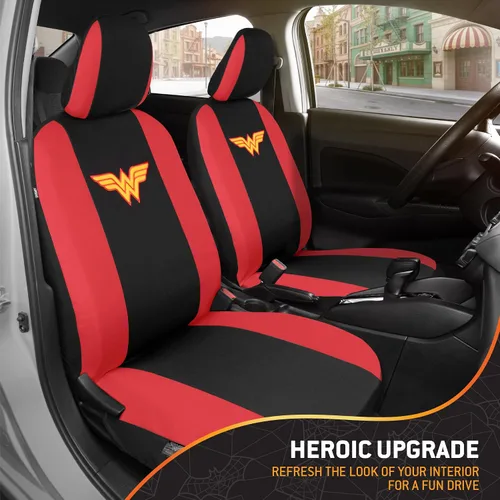 Vista 4 de BDK Wonder Woman - Juego completo de 9 piezas para asientos de automóvil, protectores de asiento de poliéster, color negro y rojo