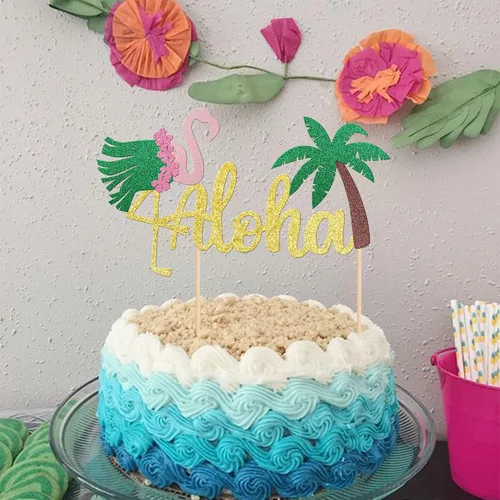 Vista 4 de 1 decoración para tarta de Aloha con purpurina para baby shower, paleta, palmera, flamenco, decoración para verano, hawaiano, Luau, tropical, Aloha