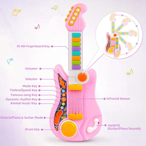 Vista 2 de Guitarra para niños 2 en 1 Instrumentos musicales para niños Piano para niños pequeños Juguete de guitarra eléctrica con correa Juguetes musicales