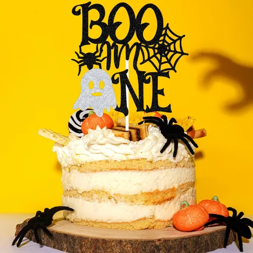 Vista 6 de Decoración negra para tartas "I'm One" con purpurina negra, The Spooky One/Baby Boo, decoración de fiesta de baby shower con temática de Halloween