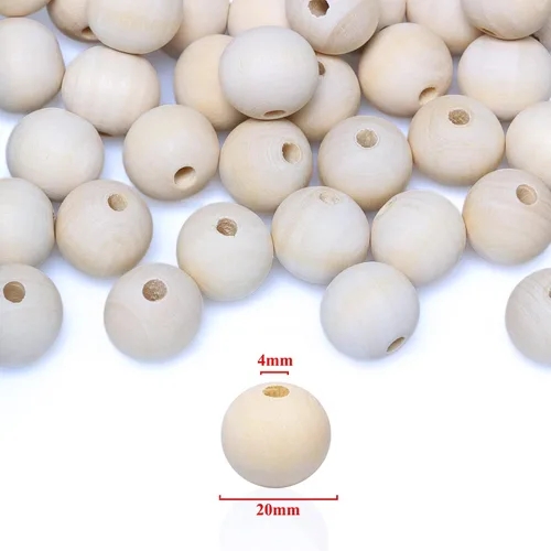 Vista 2 de Cuentas redondas de madera de 3/4 pulgadas, 100 unidades, cuentas sueltas naturales sin terminar, espaciador, suministros para abalorios, hallazgos