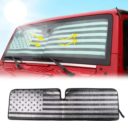 Vista 8 de Parasol para parabrisas compatible con Jeep Wrangler Rubicon Sahara TJ JK JKU de 2 puertas y 4 puertas, protector de calor, parabrisas, visera