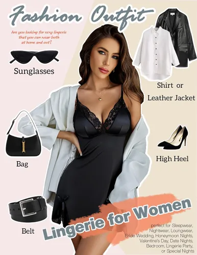 Vista 4 de ADOME Camisón de encaje para mujer, camisón de satén, babydoll de seda, vestido de seda