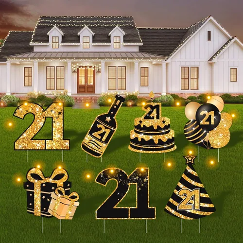 Vista 23 de Decoraciones de cumpleaños número 13 para niñas - 7 piezas de letreros de cumpleaños rosas para el patio con estacas, 2 piezas de luces LED Rosa 13