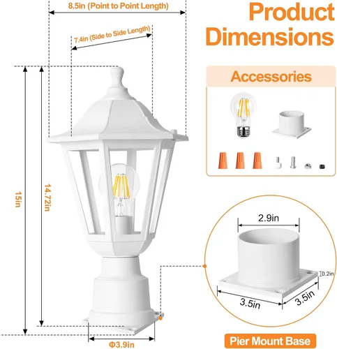 Vista 2 de FUDESY Luz de poste para exteriores, lámpara blanca para exteriores con base de montaje en muelle, lámpara de poste impermeable con enchufe E26