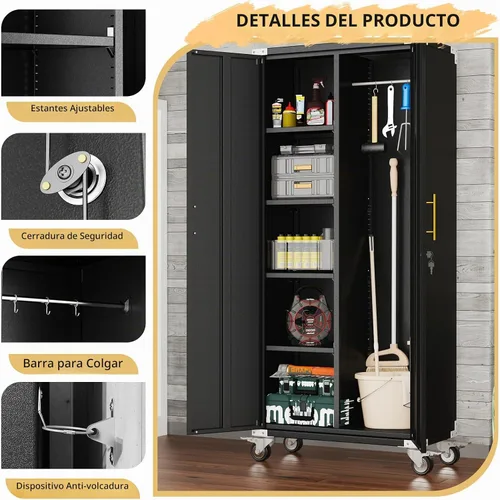 Vista 4 de pozdeg Gabinete de almacenamiento de armario de escoba metálica con 2-Negro