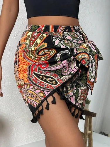 Vista 4 de OYOANGLE Falda corta con estampado bohemio y cintura elástica con lazo frontal y borla