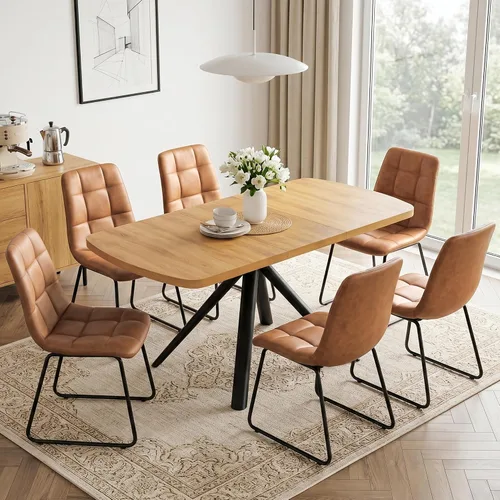 Vista 9 de HIPIHOM Mesa de comedor extensible para 4-6 personas, mesa rectangular de madera MDF de 47.2 a 63 pulgadas, estilo rústico de granja, diseño que