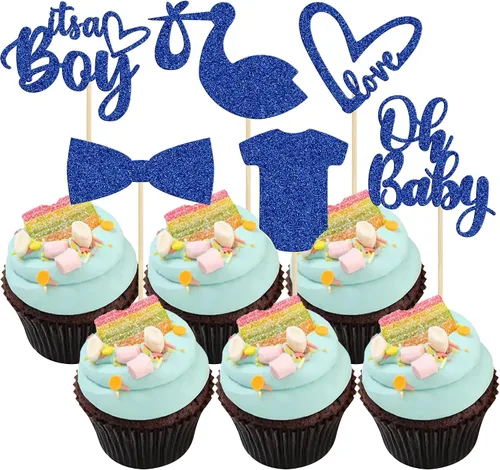 Vista 11 de Gyufise Paquete de 36 adornos para cupcakes Oh Baby ensamblados con texto en inglés "It's a Boy" con corbata, mameluco de amor, corazón, purpurina