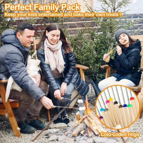 Vista 3 de Eccliy 36 palitos para asar fogatas para fuego de 32 pulgadas de largo, extensibles, con mango de madera, bolsa de almacenamiento para cocinar