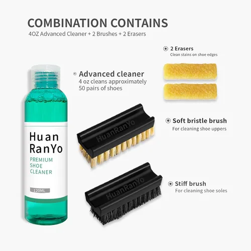 Vista 2 de HuanRanYo Kit de limpieza de zapatillas Limpiador de zapatos premium de 4 onzas, 2 cepillos y dos borradores Seguro en todas las telas. Adecuado