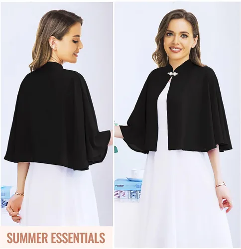 Vista 6 de RainFlowwer Chales y envolturas de gasa suave para mujer, cárdigan de manga corta transparente con frente abierto para vestido de noche, Negro