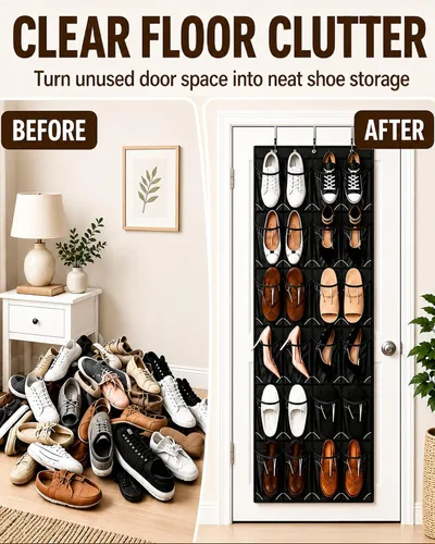 Vista 5 de Organizador de Zapatos Sobre la Puerta - Zapatero que Ahorra Espacio para Puerta de Closet con 24 Bolsillos y Gancho, Soporte para Zapatos
