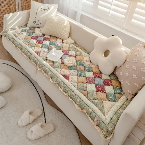 Vista 2 de Funda de sofá de retazos a cuadros estilo bohemio, con estampado floral, protector de muebles con volantes, acolchado de algodón, antideslizante