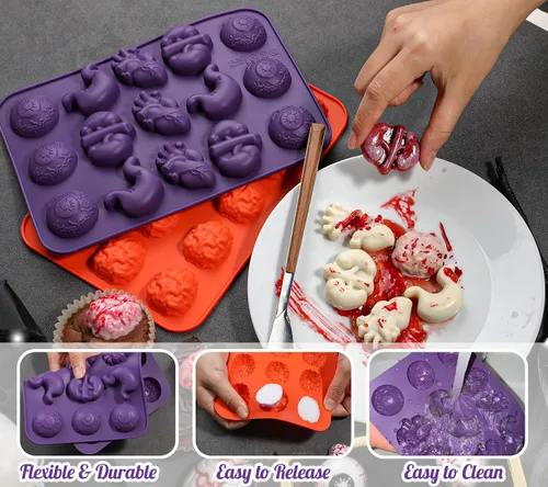 Vista 4 de Moldes de Chocolate de Halloween Kamehame, Molde de Silicona en Forma de Cerebro, Molde de Órgano de 15 Cavidades con Forma de Cerebro, Ojo