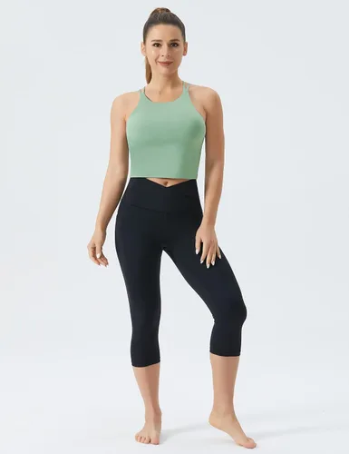 Vista 6 de THE GYM PEOPLE Sujetador deportivo con espalda cruzada para mujer, cuello halter, camiseta corta sin mangas con almohadillas extraíbles