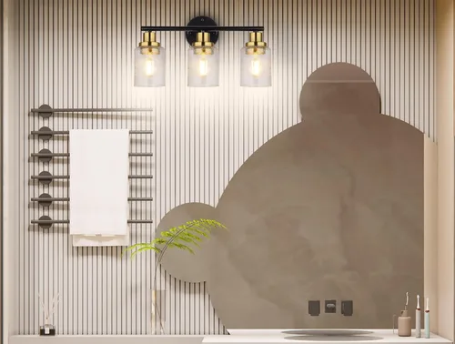 Vista 6 de Ldeco Luces de tocador de 3 luces para baño, lámpara de baño negra y dorada con pantalla de vidrio transparente de burbujas, luces modernas