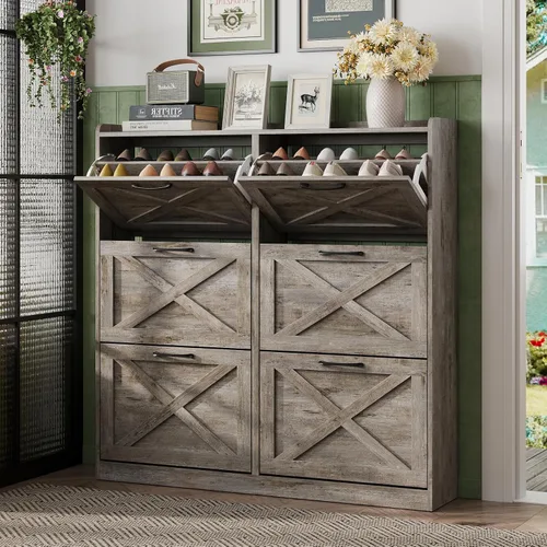 Vista 10 de Maupvit Gabinete de almacenamiento para zapatos con 2 cajones abatibles, organizador independiente con patas de metal para entrada, gabinete Beige