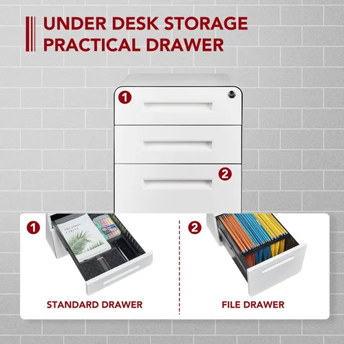 Vista 5 de SANODESK Archivador móvil de 3 cajones para archivadores de oficina en casa para almacenamiento debajo del escritorio, diseño de esquina redonda