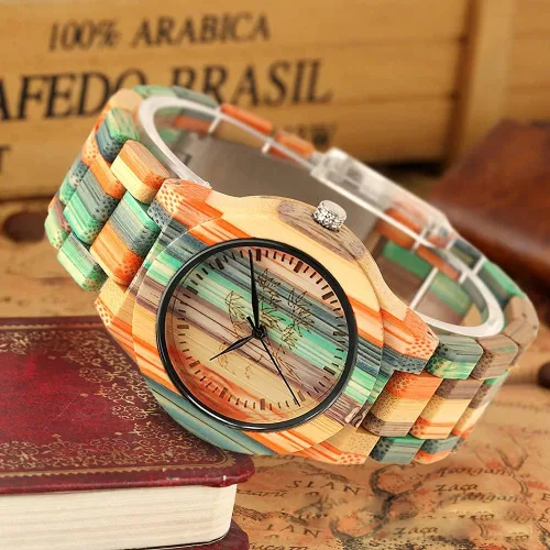 Vista 3 de Tiong Brand Wooden Watches Mens with Handmade Colorful Bamboo Wood Watch Analog Date Quartz Wooden Watch for Men